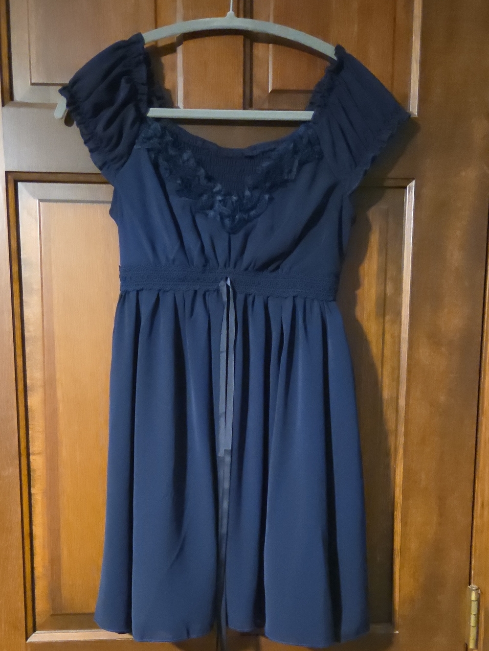 Navy Blue Women's Dress with Lace Trim